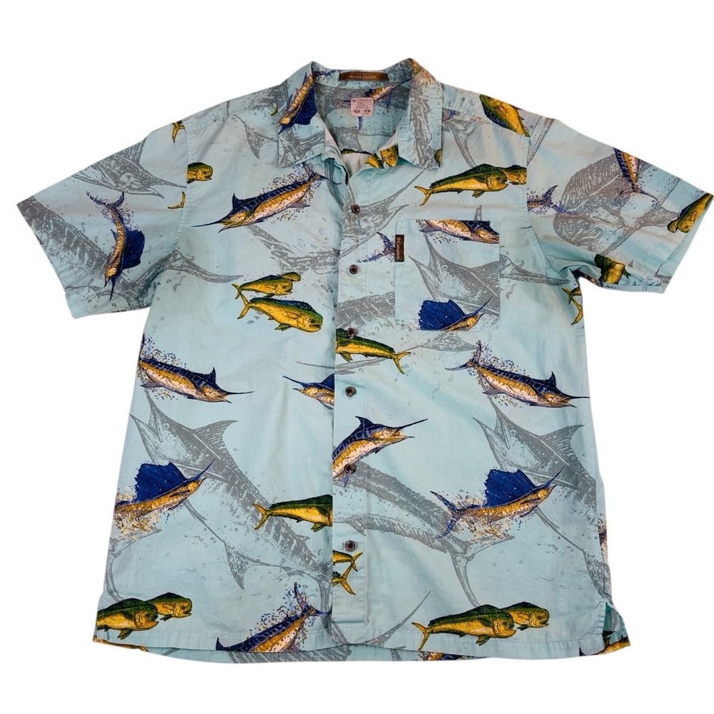 Columbia River Lodge Mahi Sailfish Shirt Mens L Button Down Fishing Aqua Green
